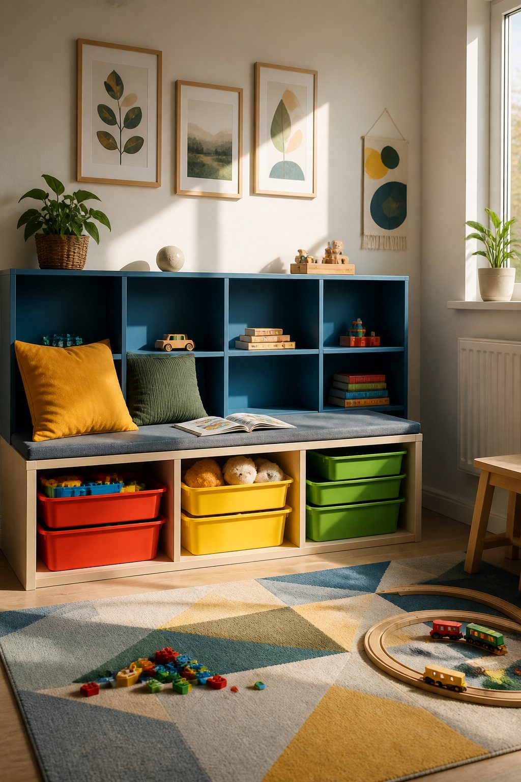 KALLAX shelving unit and TROFAST frames with colorful bins in playroom.