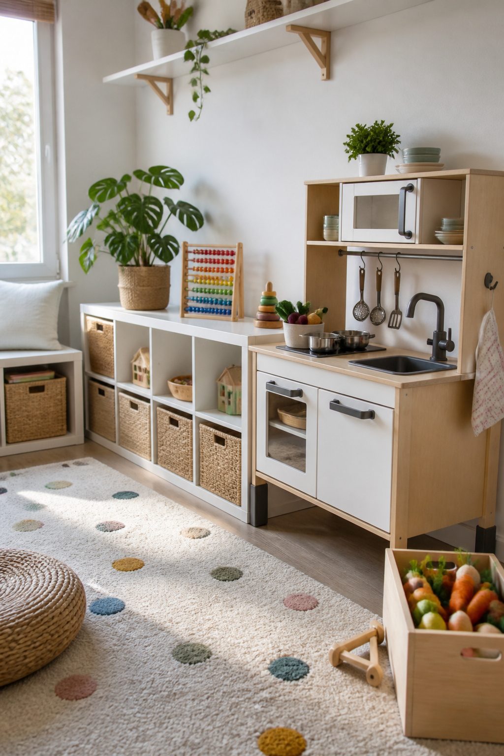 DUKTIG play kitchen with accessories and felt play food in the playroom.