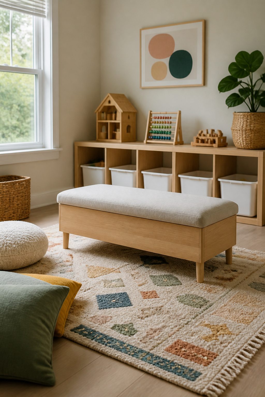 Wooden bench with upholstered top and cushions in the playroom.