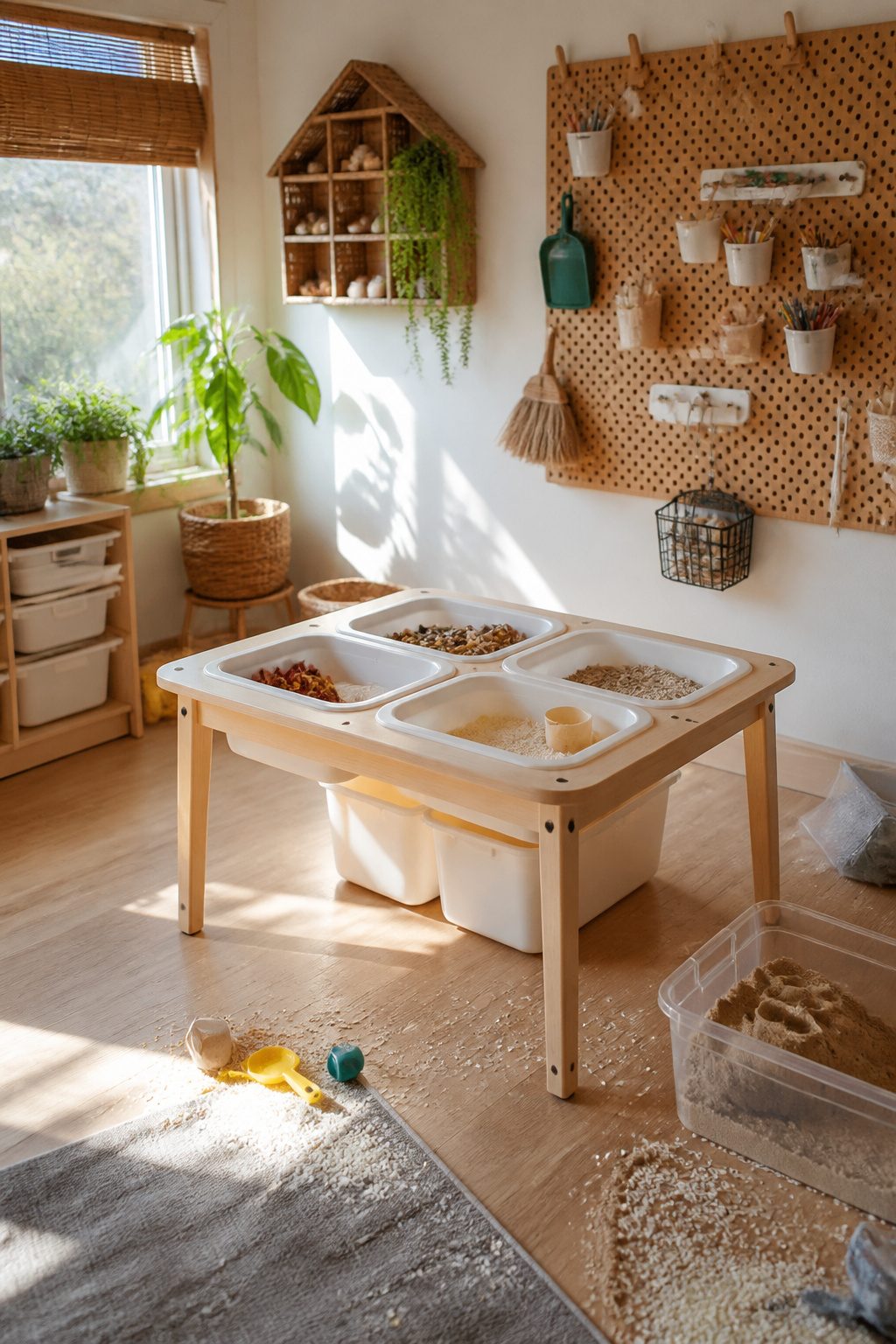FLISAT table with inset bins surrounded by sensory play materials.