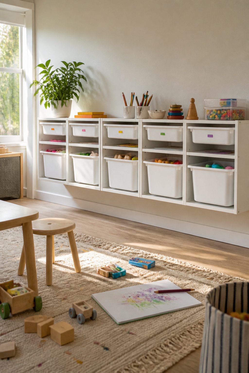 TROFAST frames mounted on the wall with colorful storage bins.