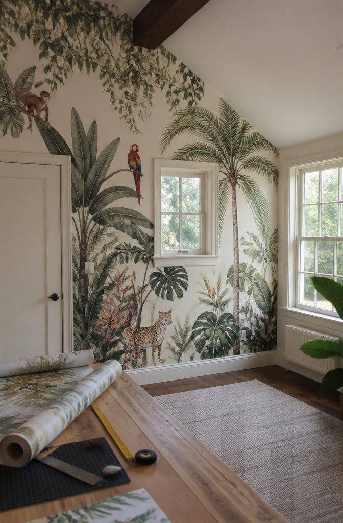 Customized jungle wallpaper tailored to fit around windows and slanted ceilings.