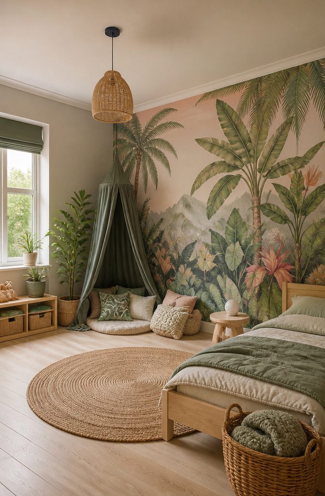 Jungle wallpaper on a feature wall with solid color surrounding it.
