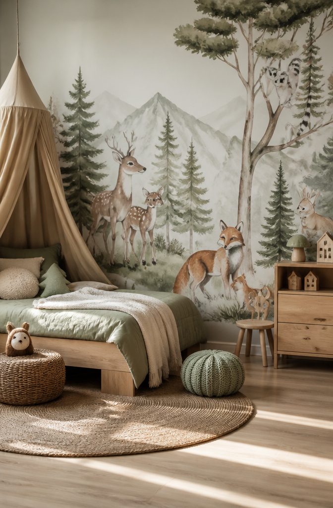 Watercolor mural of deer, foxes, rabbits, and lemurs in a forest setting.