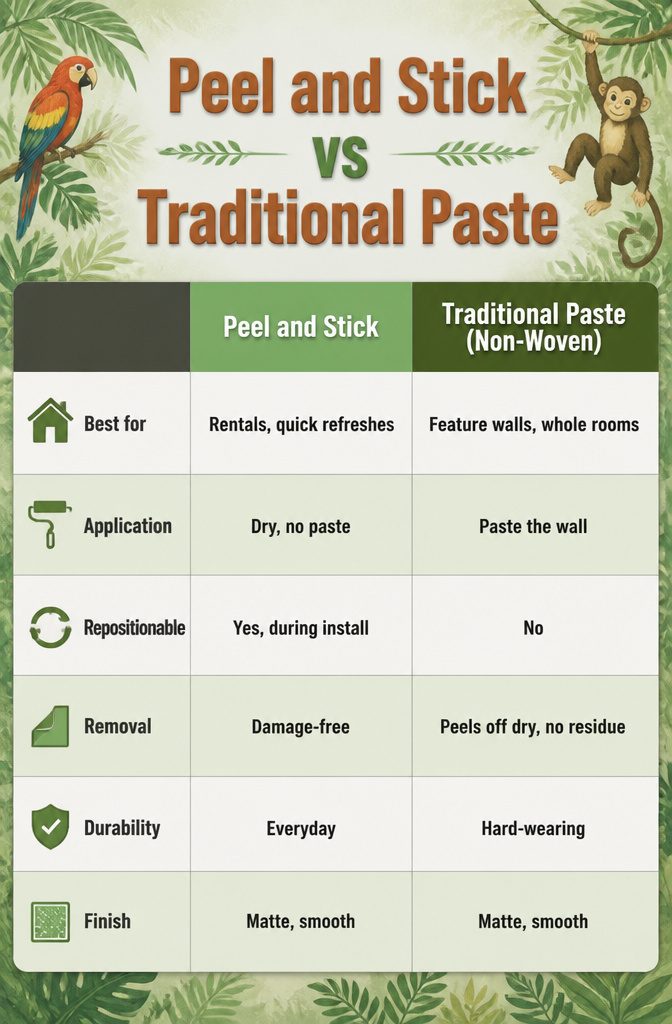 Comparison image of peel and stick wallpaper against traditional paste wallpaper.