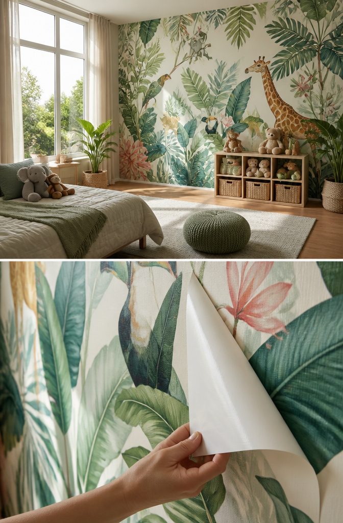 Variety of peel and stick jungle wallpaper designs displayed on a wall.