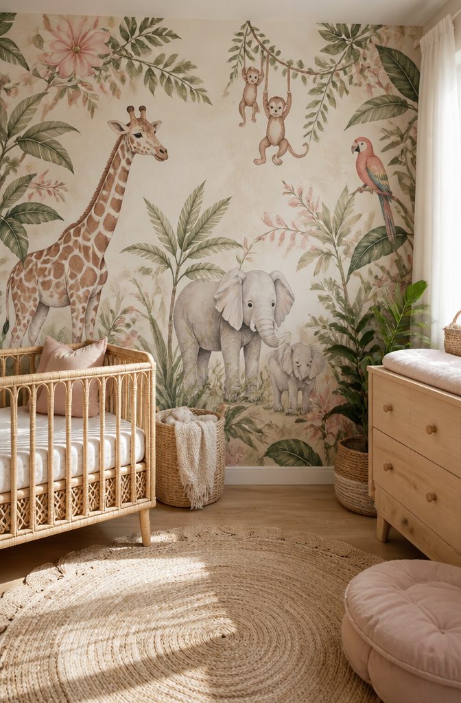 Watercolor mural of elephants, giraffes, monkeys, and parrots in soft colors.