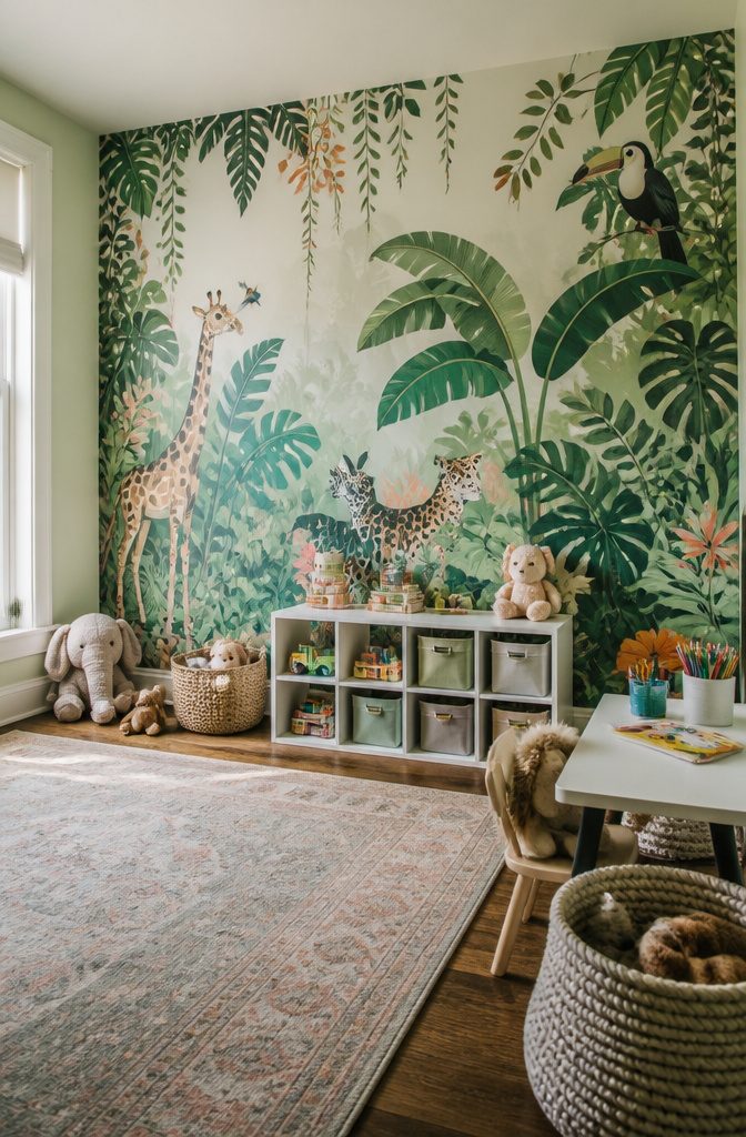 Installed peel and stick jungle mural next to a children's play area.