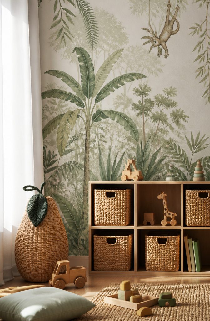 Close-up of eco-friendly wallpaper with earthy tones and textured surface.