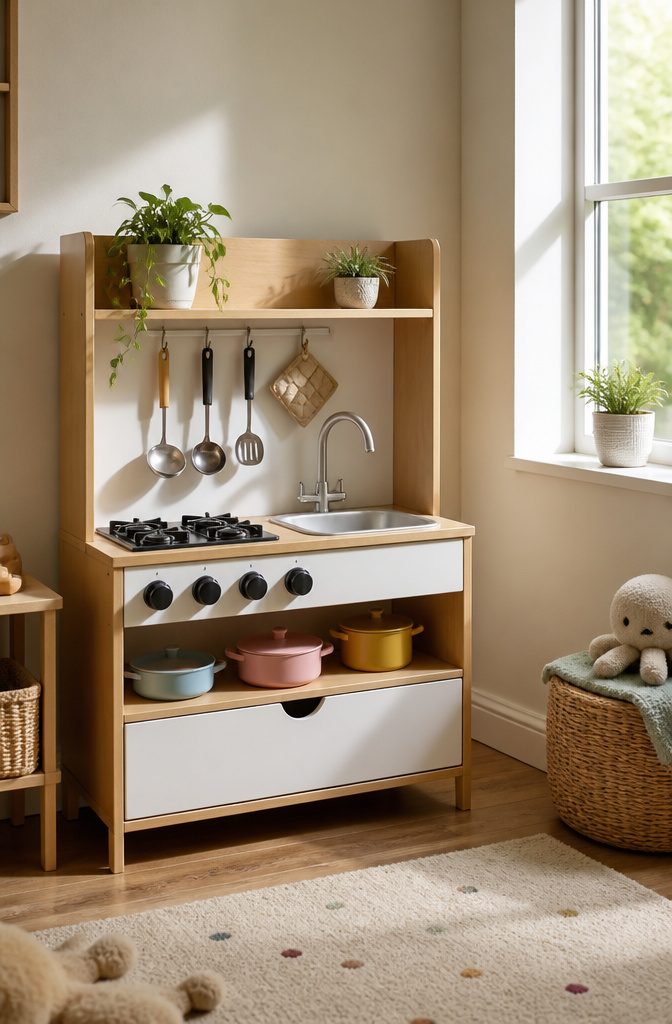 Kids Room Play Kitchen: Wooden, Plastic & Toddler Favorites 2 Classic Kitchen Set against a softly decorated wall with colorful pots and pans.