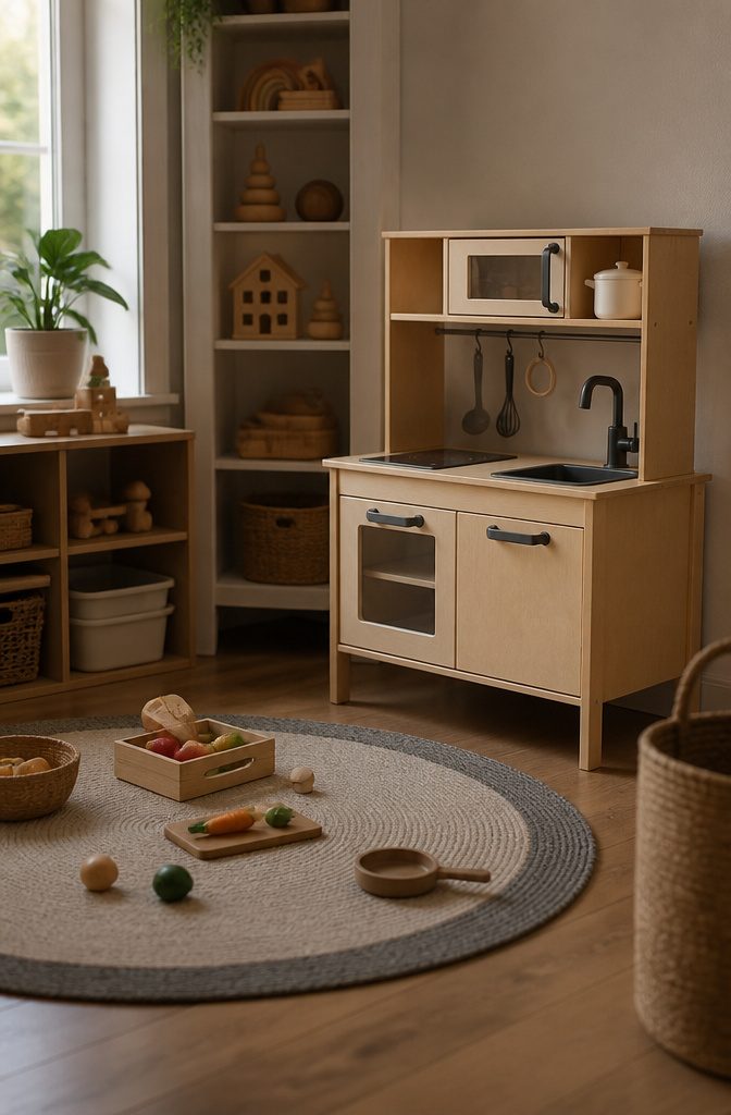 Kids Room Play Kitchen: Wooden, Plastic & Toddler Favorites 5 IKEA DUKTIG play kitchen made of unfinished birch plywood in a children's room.