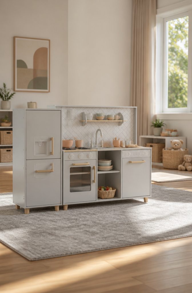 Kids Room Play Kitchen: Wooden, Plastic & Toddler Favorites 8 Little Chef Modern Delight Kitchen set up in a well-lit family room.