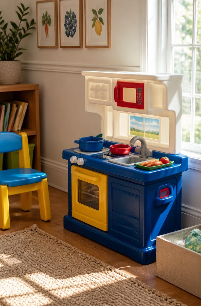 Kids Room Play Kitchen: Wooden, Plastic & Toddler Favorites 4 Little Tikes First Prep Kitchen displayed in a sunny playroom corner.