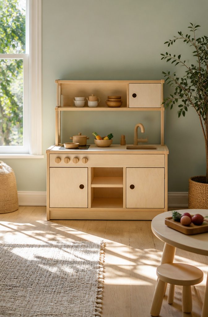 Kids Room Play Kitchen: Wooden, Plastic & Toddler Favorites 9 Milton and Goose Essential Kitchen prominently displayed against a softly colored wall.