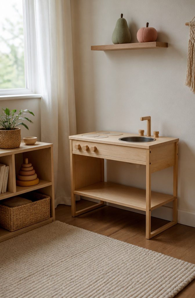 Kids Room Play Kitchen: Wooden, Plastic & Toddler Favorites 1 Mini Wooden Play Kitchen positioned beside a wall in a softly lit room.