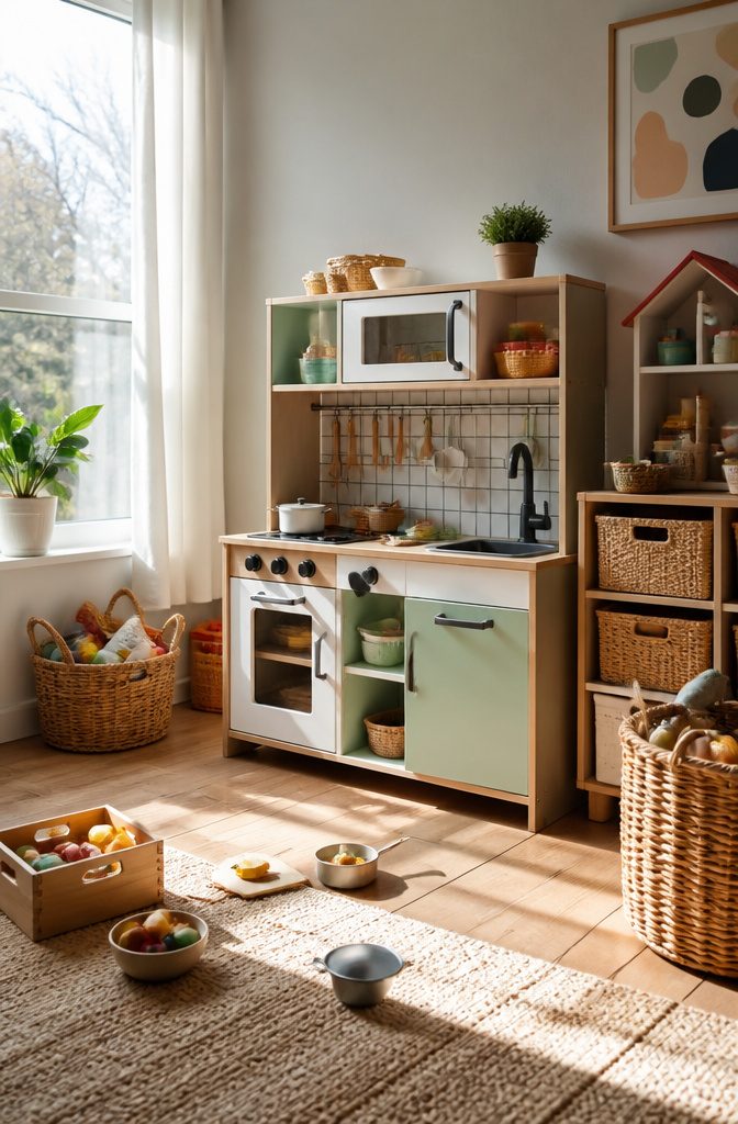 Kids Room Play Kitchen: Wooden, Plastic & Toddler Favorites 12 Colorful kids kitchen set with various storage options and arranged accessories.