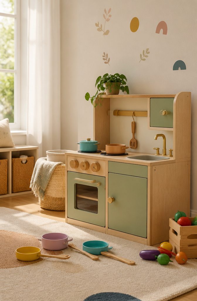 Kids Room Play Kitchen: Wooden, Plastic & Toddler Favorites 6 Tiny Land Kitchen Set displayed against a backdrop of playful wall decals.