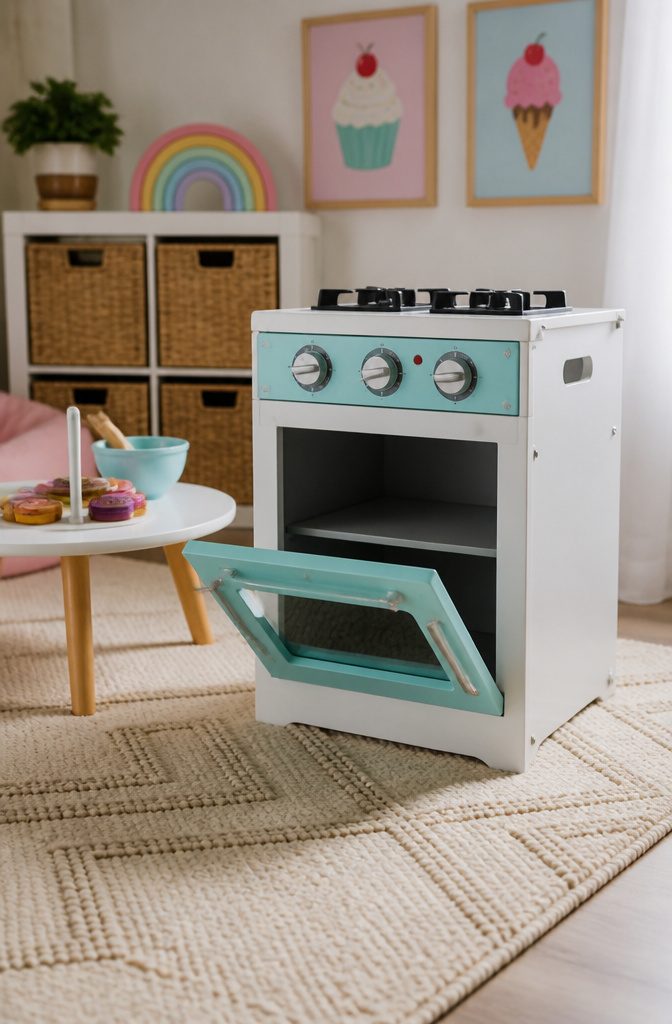 Kids Room Play Kitchen: Wooden, Plastic & Toddler Favorites 3 Toy Oven with an open door, colorful felt cookies nearby in a playroom.