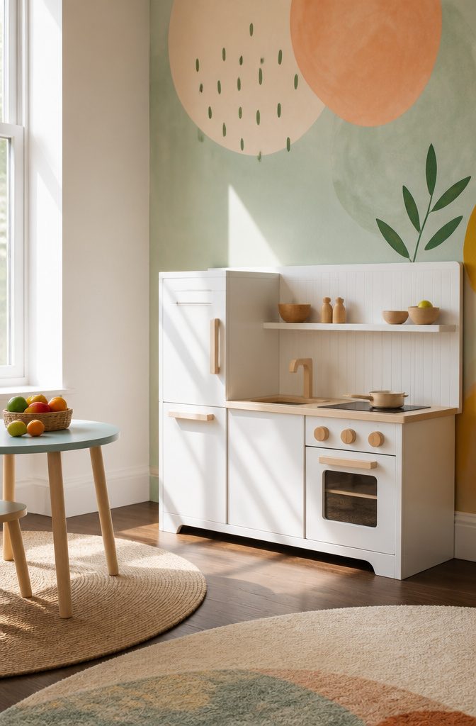Kids Room Play Kitchen: Wooden, Plastic & Toddler Favorites 7 White + Natural Kids Kitchen elegantly displayed in a bright play area.