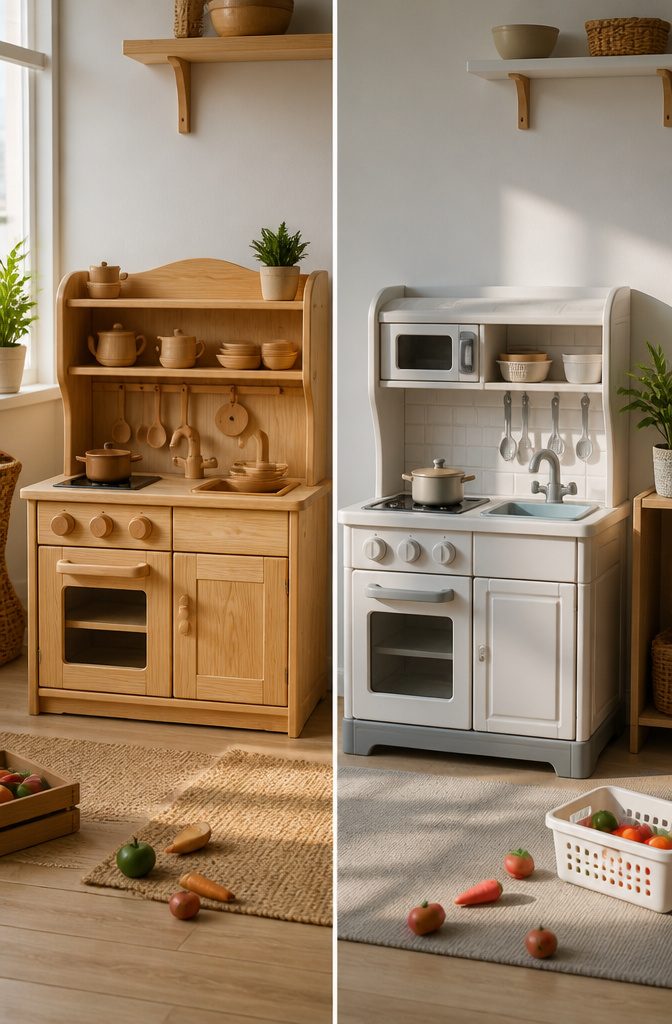 Kids Room Play Kitchen: Wooden, Plastic & Toddler Favorites 11 Comparison of wooden and plastic play kitchens highlighting their construction.
