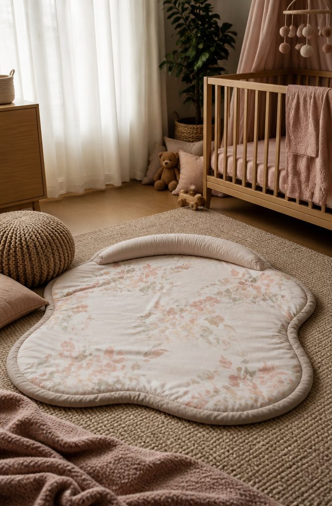 Boppy play mat on a gentle-colored floor in a nursery.