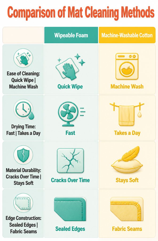 Graphic comparing cleaning methods for different play mats.
