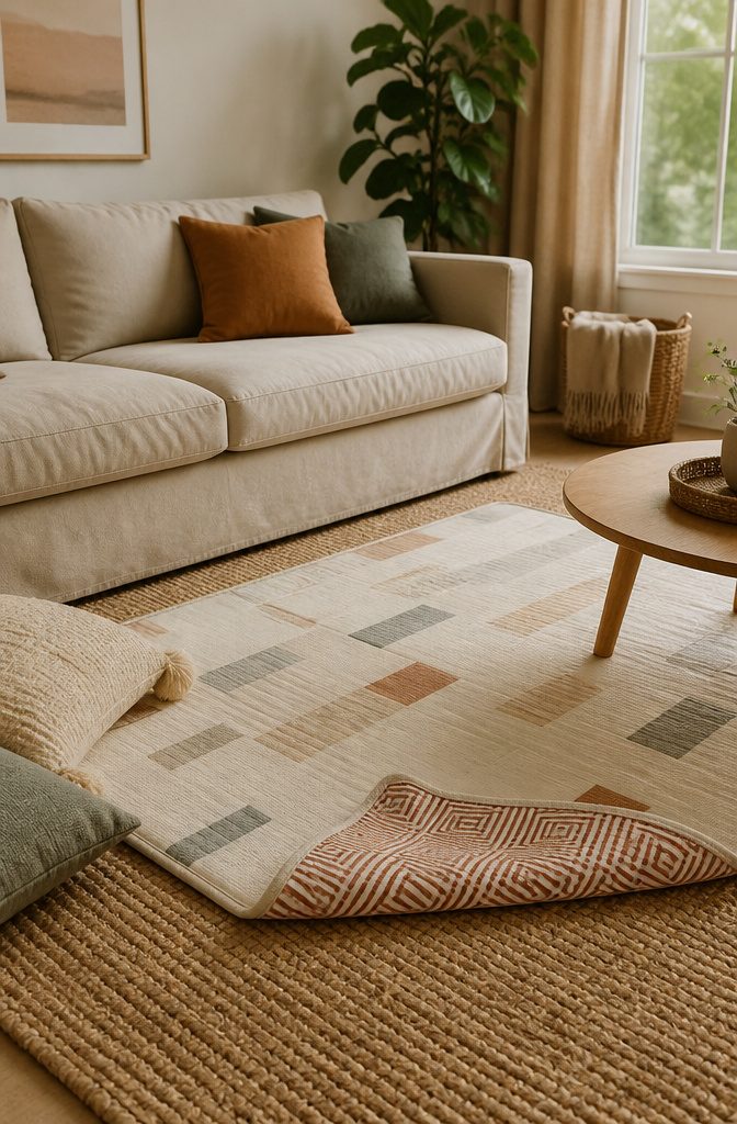 Reversible play mat in front of a plush sofa in a living room.