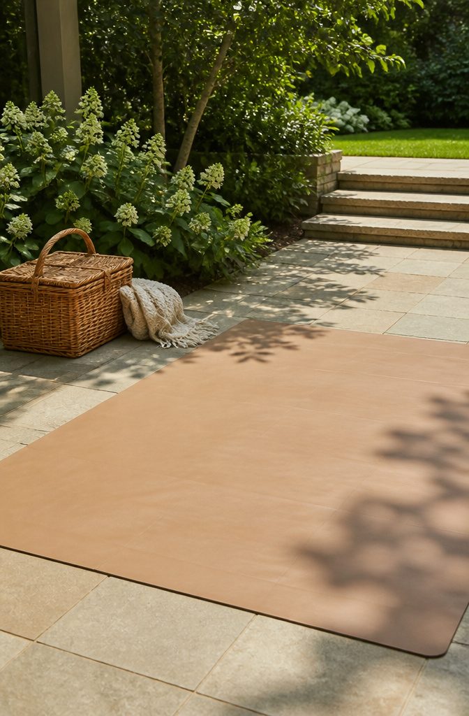 Gathre mat laid flat on a patio with greenery around.