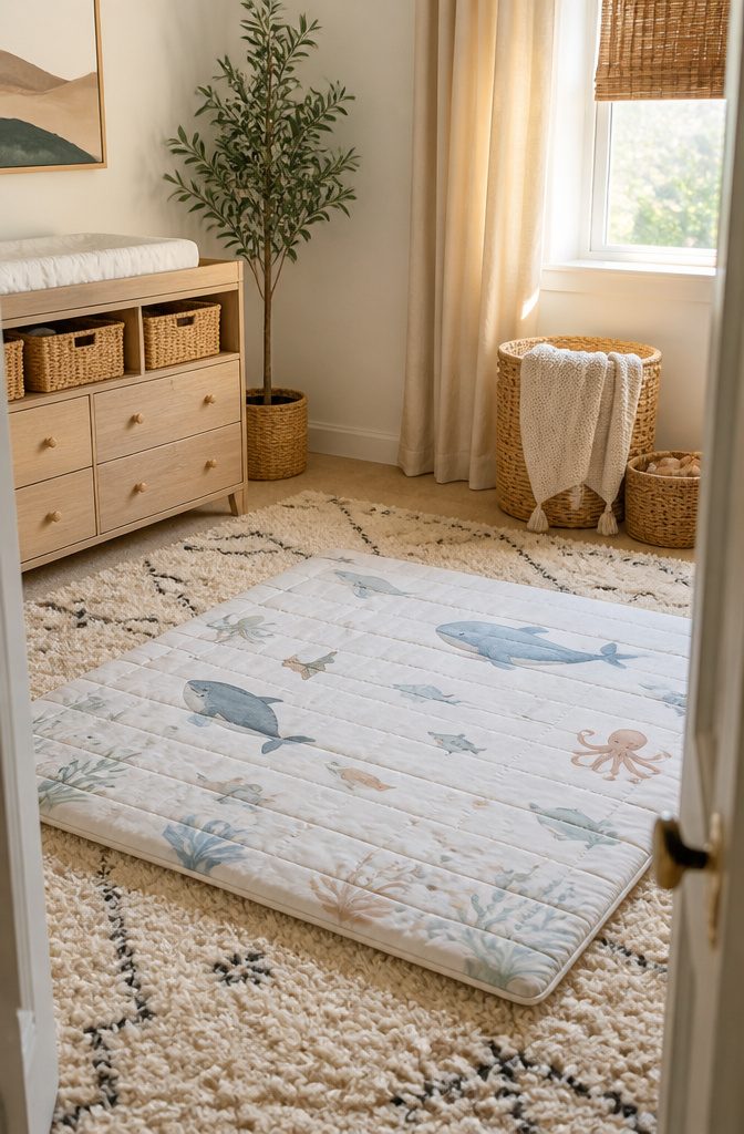 Pehr Life Aquatic play mat on a plush rug in a nursery.