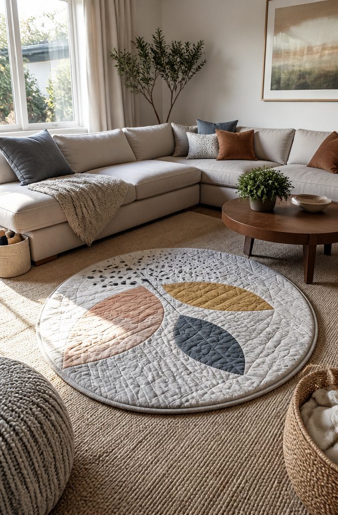Skip Hop play mat in a stylish living area with a sectional couch.