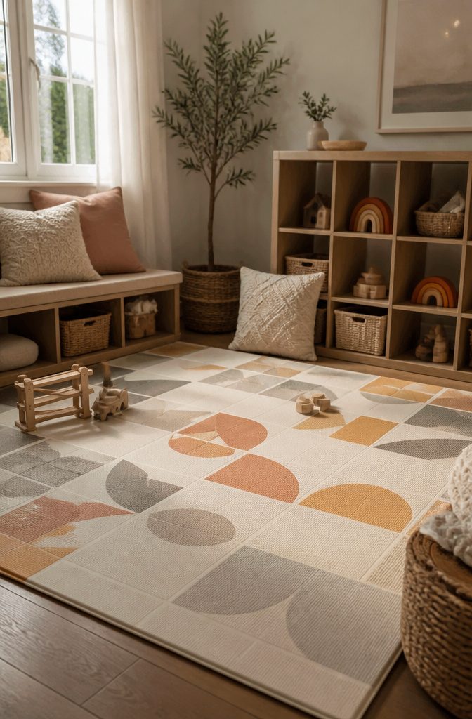 Toddlekind play mat with vibrant colors in a corner of a room.