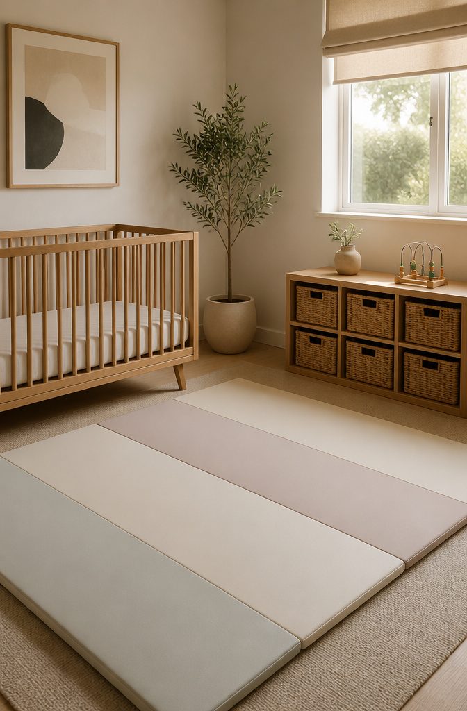 Toki Mat in muted colors on a nursery floor.