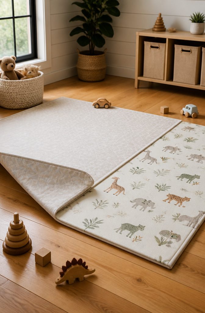 Totter + Tumble play mat with geometric and animal designs.