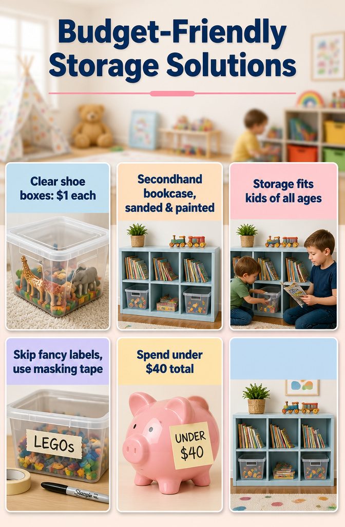 12 Kids Room Playroom Ideas That Grow With Your Family 14 Clear shoe boxes and a bookcase used for storage in a playroom.