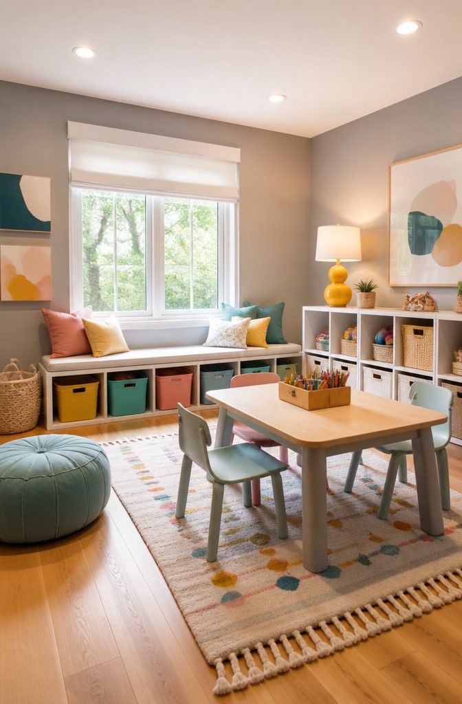 12 Kids Room Playroom Ideas That Grow With Your Family 10 A playroom featuring gray walls and yellow, teal, and pink accents.