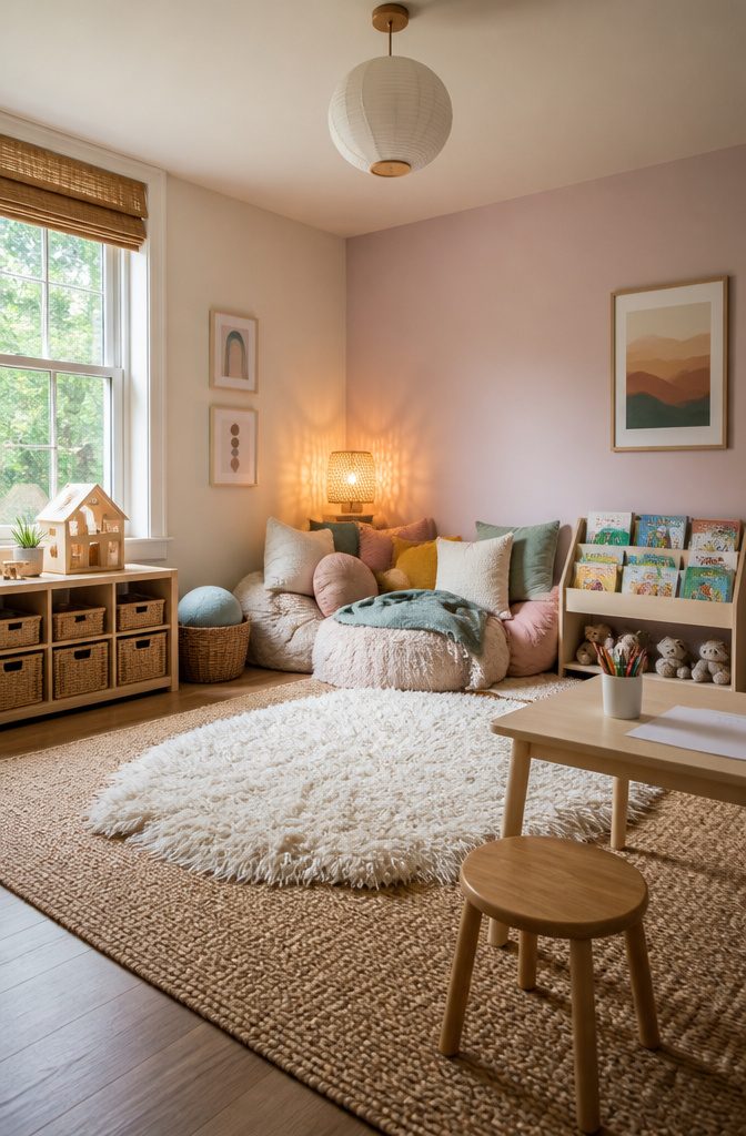 12 Kids Room Playroom Ideas That Grow With Your Family 5 A reading corner with comfortable chairs and decorative pillows.