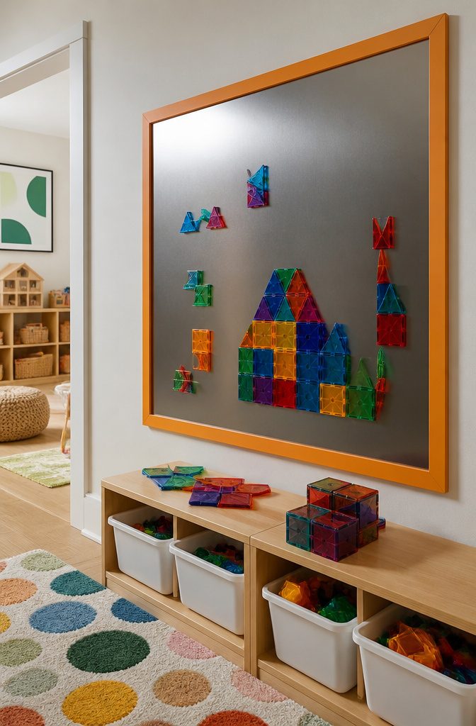 12 Kids Room Playroom Ideas That Grow With Your Family 9 A wall with a magnetic surface for creative play.