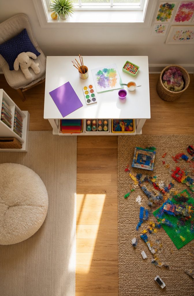 12 Kids Room Playroom Ideas That Grow With Your Family 8 A craft table with supplies in a playroom setting.