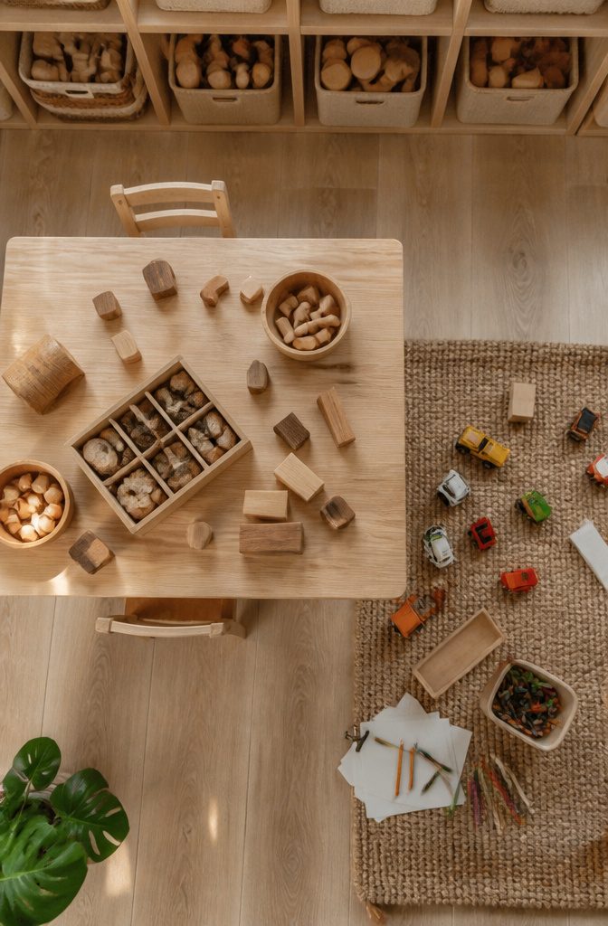 12 Kids Room Playroom Ideas That Grow With Your Family 12 A selection of open-ended toys including wooden blocks in a playroom.