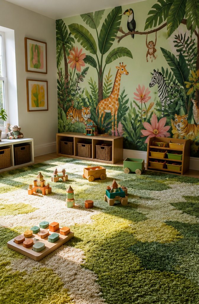 12 Kids Room Playroom Ideas That Grow With Your Family 1 A mural of a jungle scene with animals and plants on a wall.