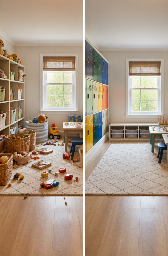 12 Kids Room Playroom Ideas That Grow With Your Family 4 School lockers and cabinets along a wall in a playroom.