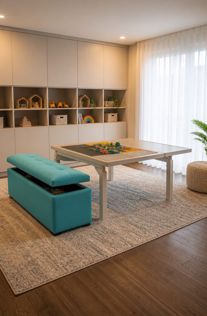 12 Kids Room Playroom Ideas That Grow With Your Family 2 A turquoise storage ottoman and fold-out table in a playroom.