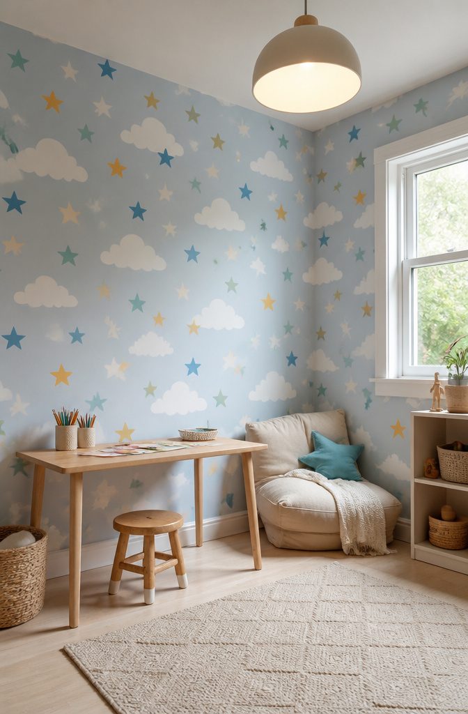 12 Kids Room Playroom Ideas That Grow With Your Family 7 Colorful star and cloud patterned wall covering in a kids' room.