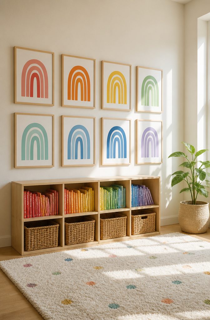 Rainbow alphabet prints hung at eye level in a kids room.
