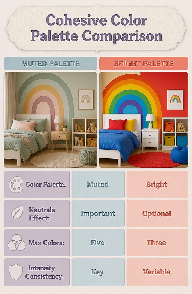 An image showing a cohesive color palette for a rainbow-themed room.