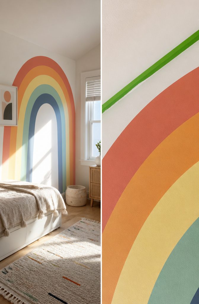 A partially completed rainbow arch mural with painter's tape.