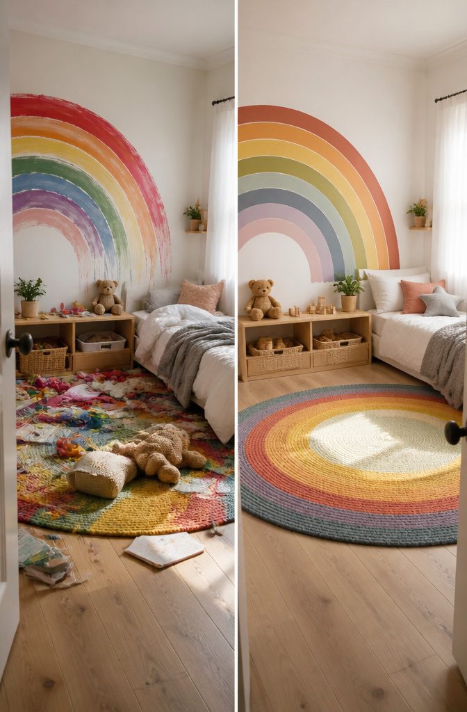 A softly colored ceiling in a room decorated with rainbow accents.