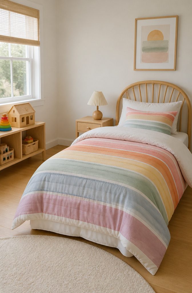 A bed covered with rainbow-striped bedding and a white duvet.