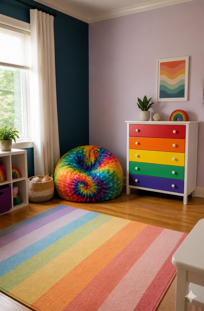A colorful rainbow tie-dye bean bag chair in a children's room.