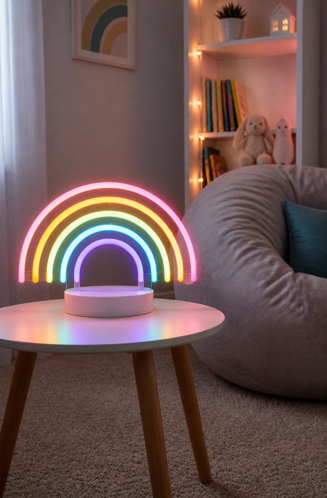 A neon rainbow lamp illuminating a kids room.